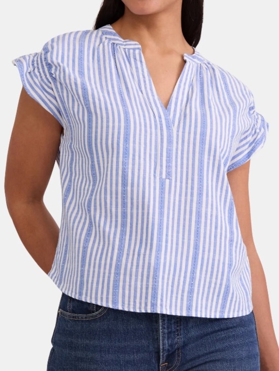 Time and Tru Tops - Time and Tru Size S (4-6) blue- white striped top w/split-neck and short sleeves